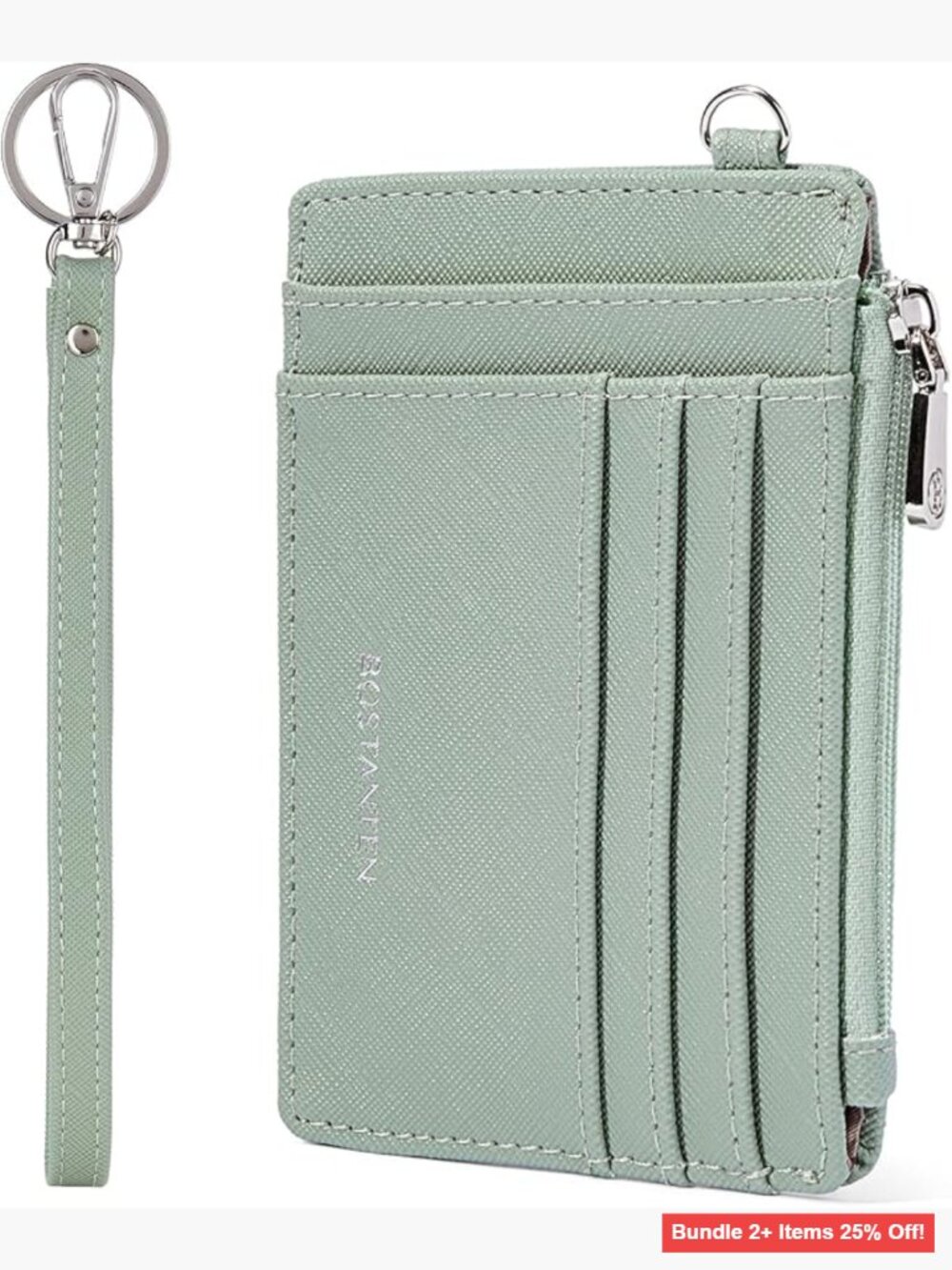 Slim RFID Leather Card Holder Wristlet with Keychain Zipper Pocket